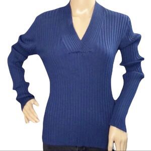 Grace Vintage 1990s Y2K Royal Blue Vneck Ribbed Sweater XL